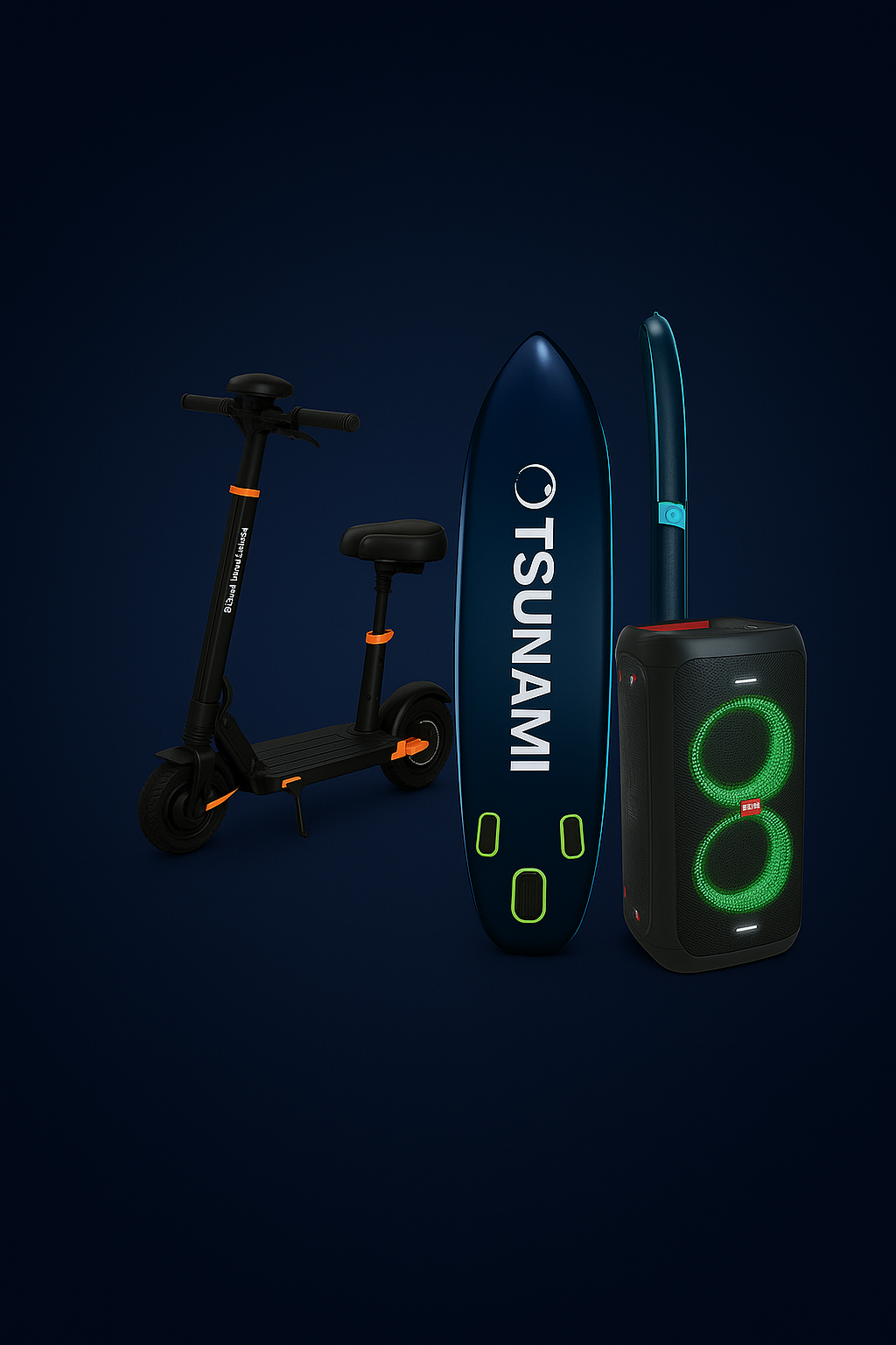 Akcesoria do wynajęcia: hulajnoga, deska SUP, głośnik JBL Partybox